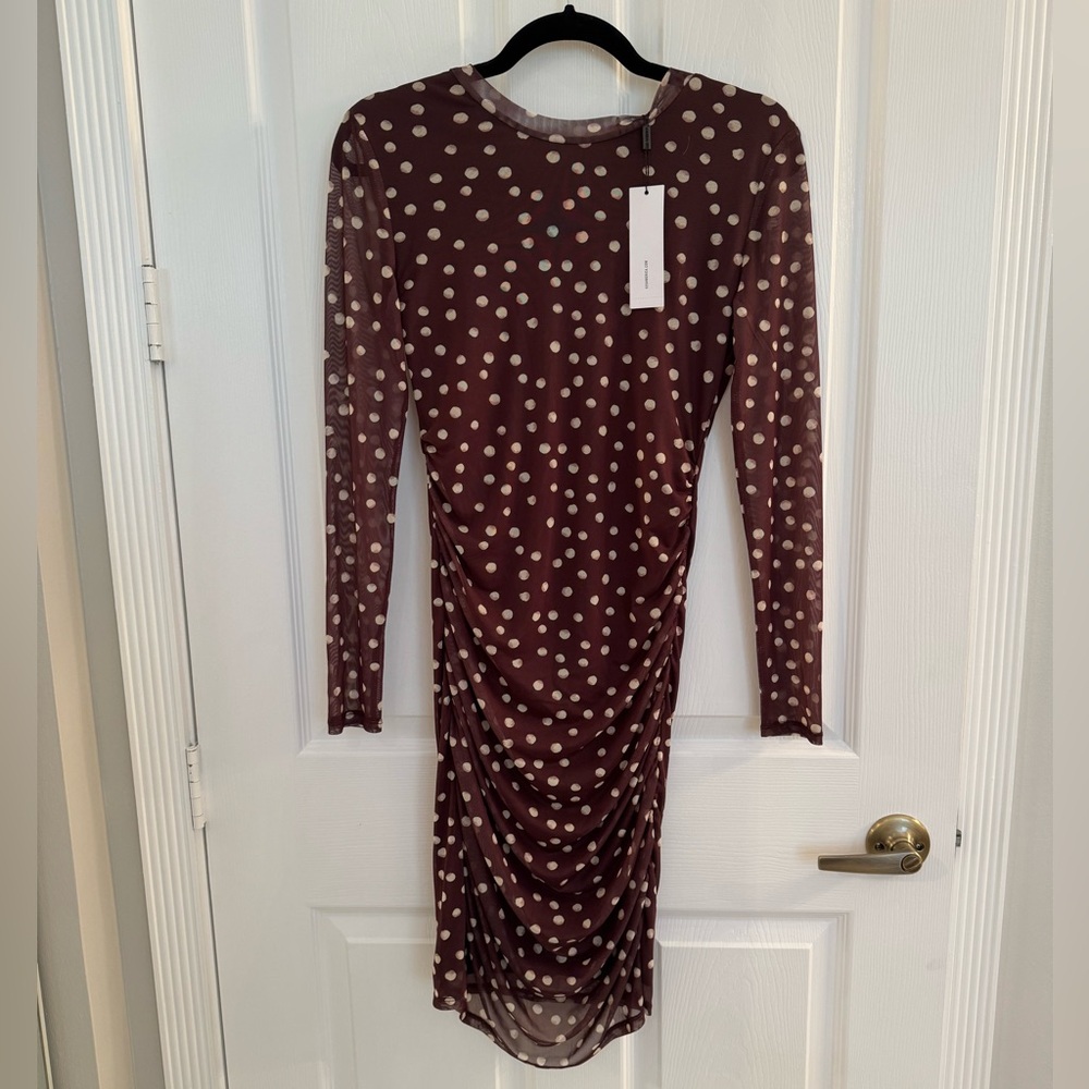 Brown polka dot dress with sheer overlay